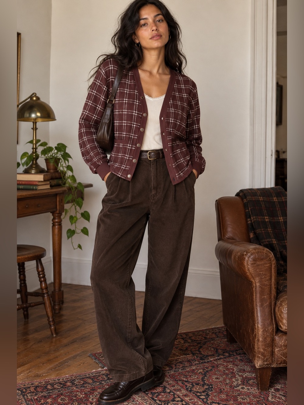 Ecobay Brown Plaid Cardigan Jacket Small – Dark Academia Preppy Fall